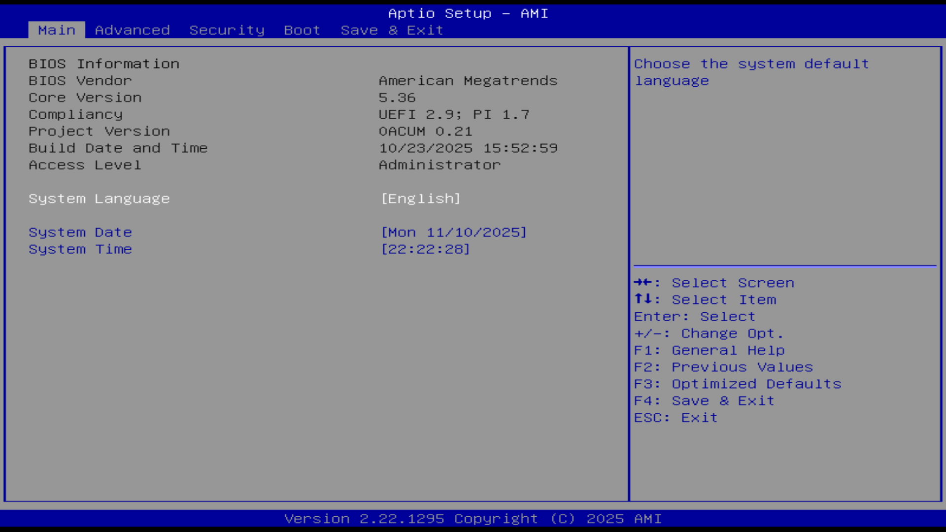 AMI BIOS setup screen available through remote KVM